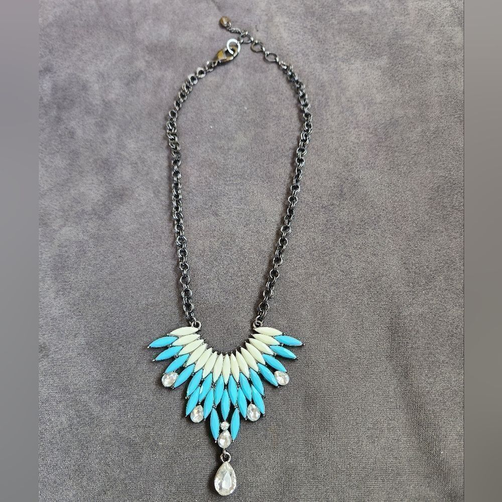 Like New! Blue and Cream Statement Necklace with Fan Pendant